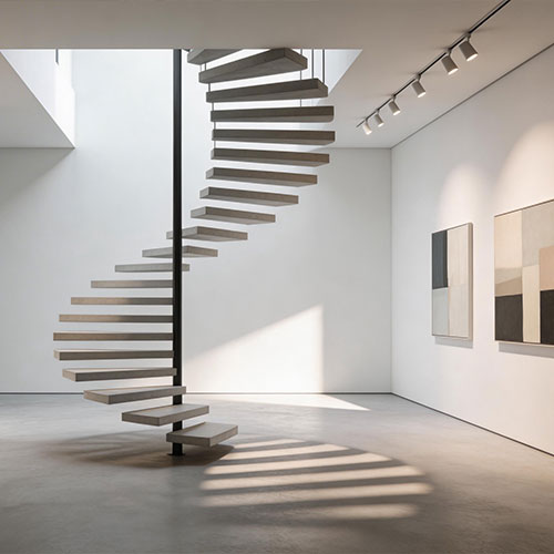 Mono-Edge: Designer Central Post Spiral Staircase with Floating Treads