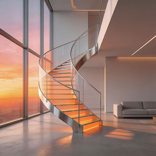 Vision-Alu: Aluminum Spiral Staircase with Tempered Glass Tread Inlays