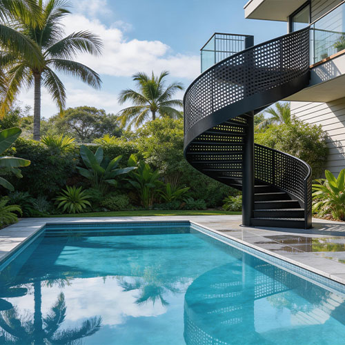 Aqua-Flow: Perforated Metal Outdoor Spiral Staircase with Anti-Slip Treads