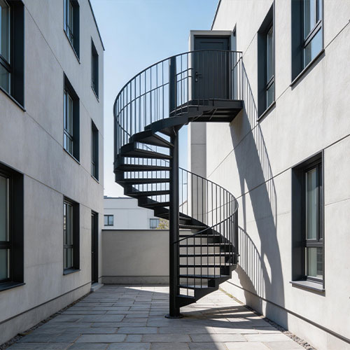 Apex-Out: Compact Exterior Spiral Staircase for Narrow Side-Passages