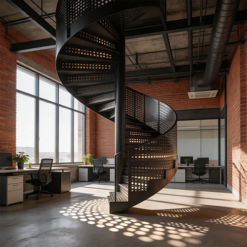 Urban Grid: Industrial Perforated Steel Spiral Staircase with Integrated Handrail