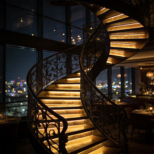 Dine-C: Decorative Metal Spiral Staircase for Multi-Level Dining Spaces