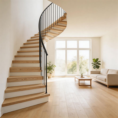 Nordic-W: European White Oak Treads with Black Steel Spiral Structure