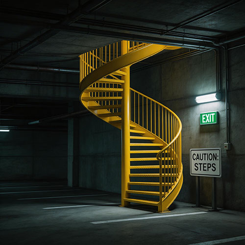 Exit-I: Visible Safety-Yellow Spiral Staircase for Emergency Egress