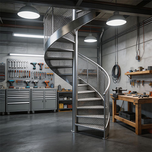 Grid-S: Industrial Steel Spiral Staircase with Diamond Mesh Safety Treads