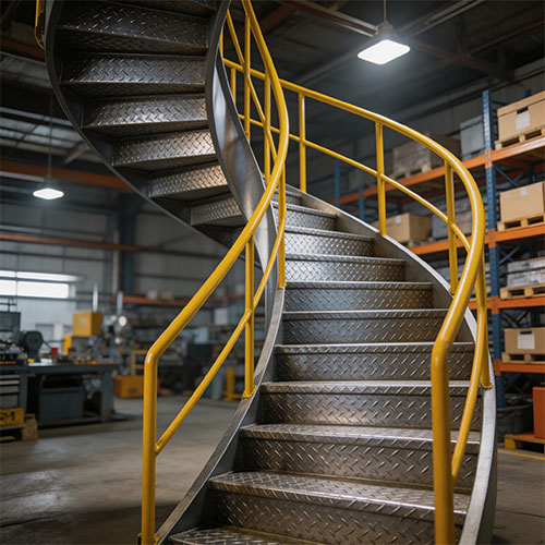 Solid-S: Checker-Plate Steel Spiral Staircase for High-Traffic Use