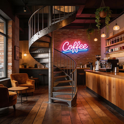 Urban-Raw: Clear-Coated Raw Steel Spiral Staircase for Designer Cafes