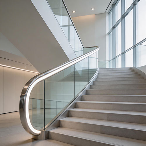 Tube-Glow: Polished Stainless Steel LED Handrail for Public Spaces