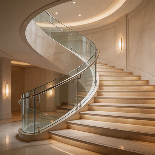 Helix-Glass: Custom Curved Frameless Glass Balustrade for Spiral Stairs