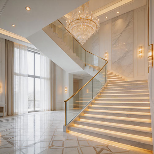 Illuminated Carrara Marble Floating Staircase