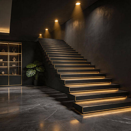 Premium Matte Black Floating Stairs with Gold Accents