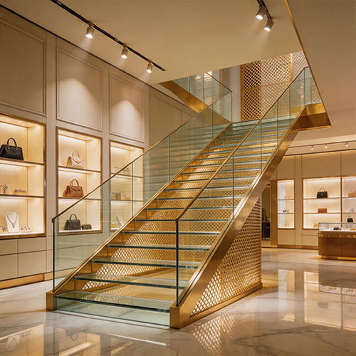 Decorative Gold Metal Mesh Laminated Glass Stairs