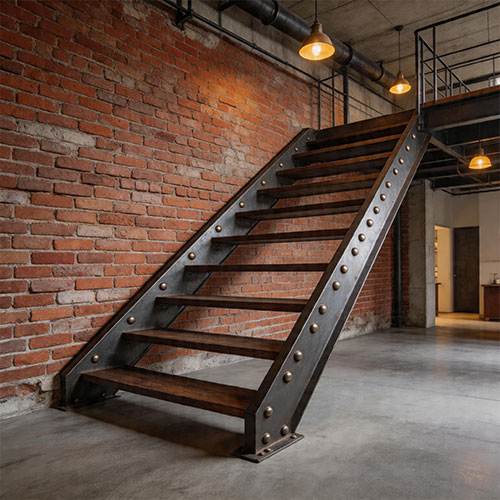 Industrial Flat-Bar Double Stringer with Exposed Rivets