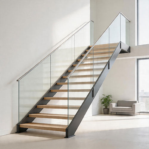 Contemporary Double Stringer Staircase with Integrated Glass Railing