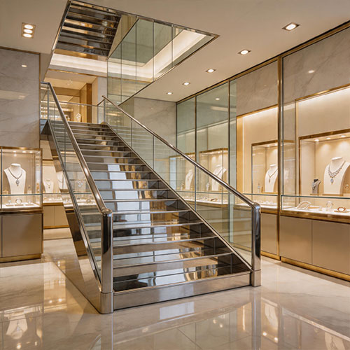 Mirror Polished Stainless Steel Double Stringer Stairs