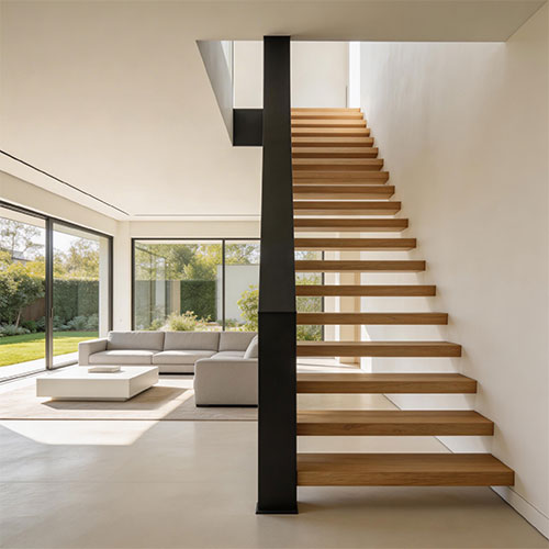 Modern Central Mono-Stringer Staircase with Steel Box Beam