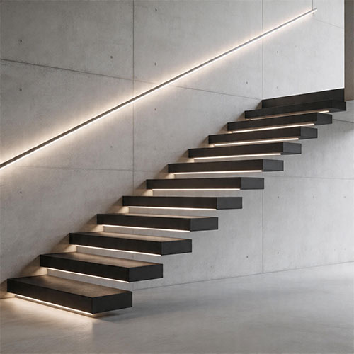 Modern Black Steel Cantilevered Staircase with Hidden Support
