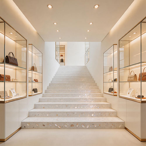Designer White Terrazzo Treads with Mother-of-Pearl Inlays
